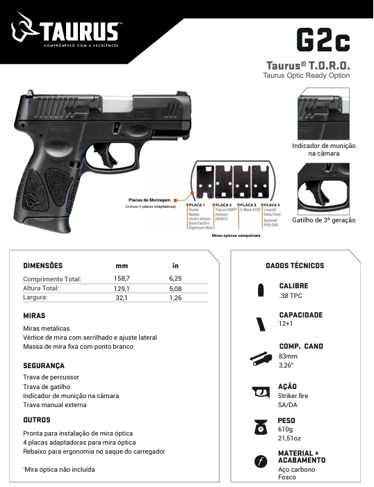Pistola Taurus G2c .38 TPC em polímero preto e ficha tecnica