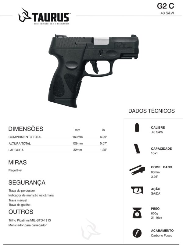 Pistola Taurus G2c .40 em polímero preto e ficha técnica
