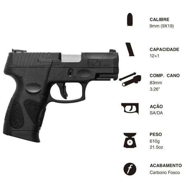 Foto 2 (lateral): Pistola Taurus G2C 9mm vista lateral + Especificações da arma