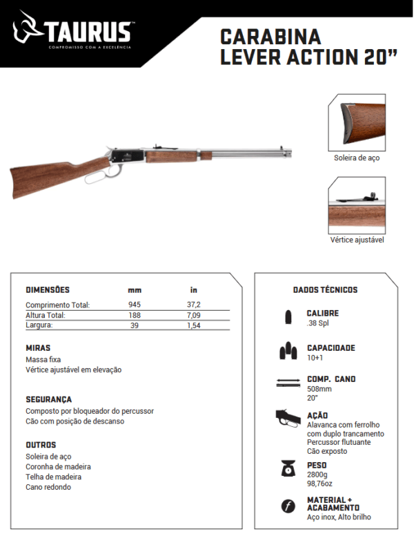 Carabina Rossi lever action em aço inox alto brilho com coronha de madeira e cano de 20 polegadas vista lateral ficha tecnica