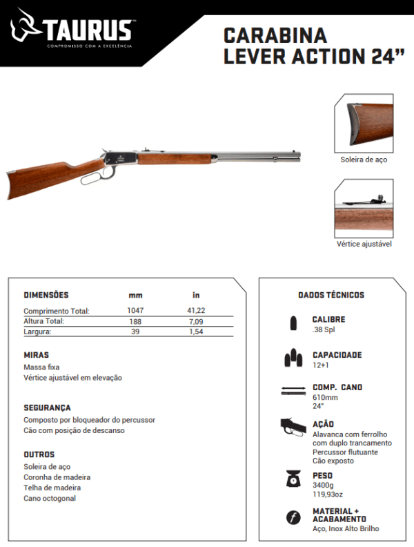 Carabina Rossi Cano 24 lever action em aço inox alto brilho com coronha de madeira e cano octogonal vista lateral ficha tecnica