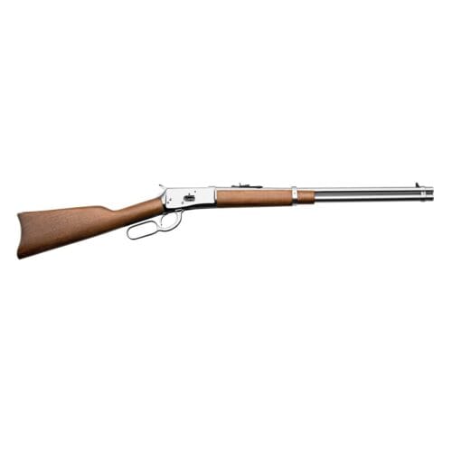 Carabina- Rossi-Inox-Alto-Brilho-Cano20 Carabina Rossi lever action em aço inox alto brilho com coronha de madeira e cano de 20 polegadas