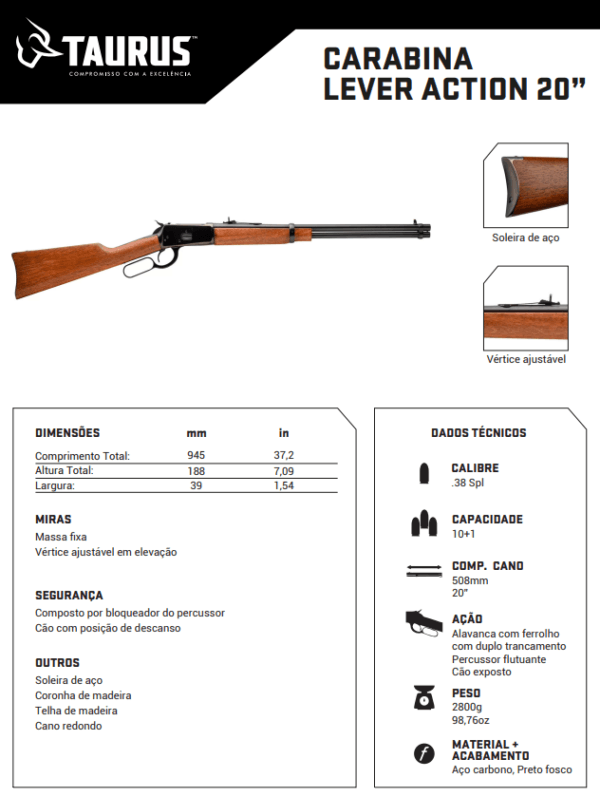Carabina Rossi Oxidado Cano 20 lever action em aço carbono preto fosco com coronha de madeira e cano redondo vista lateral ficha técnica