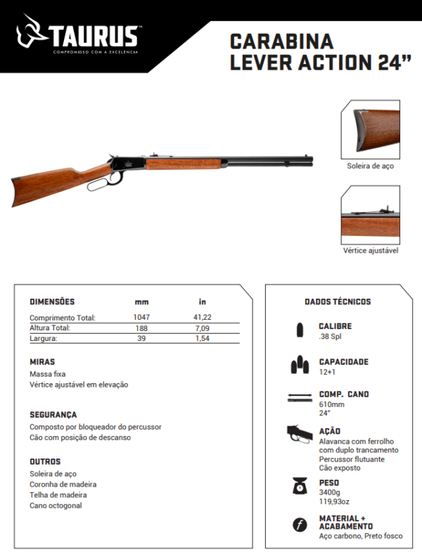 Carabina Rossi - Oxidado - Cano 24 - ficha tecnica Carabina Rossi Oxidado lever action em aço carbono preto fosco com coronha de madeira e cano octogonal de 24 polegadas vista lateral ficha tecnica