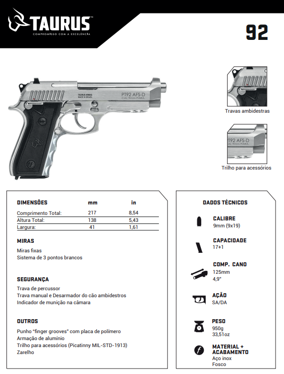 pistola-taurus-92-AFSD-ficha-tecnica Pistola Taurus 92 AFS-D 9mm em aço inox com punho de polímero, ficha tecnica