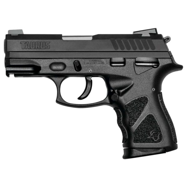 Pistola Taurus TH40c .40 S&W compacta em polímero preto acabamento teniferizado vista lateral sem o alongador de carregador