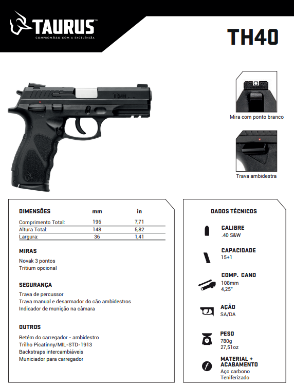 pistola-taurus-th-40-ficha-tecnica Pistola Taurus TH40 .40 S&W em polímero preto acabamento teniferizado ficha tecnica