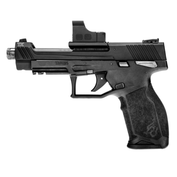 Pistola Taurus TX22 Competition .22 LR em aço carbono anodizado preto com mira ótica vista lateral esquerdo