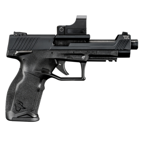 Pistola Taurus TX22 Competition .22 LR em aço carbono anodizado preto com mira ótica vista lateral