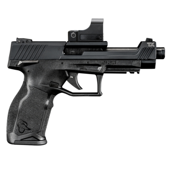 Pistola Taurus TX22 Competition .22 LR em aço carbono anodizado preto com mira ótica vista lateral