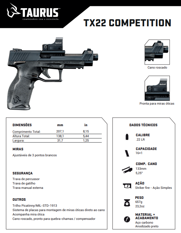 Pistola Taurus TX22 Competition