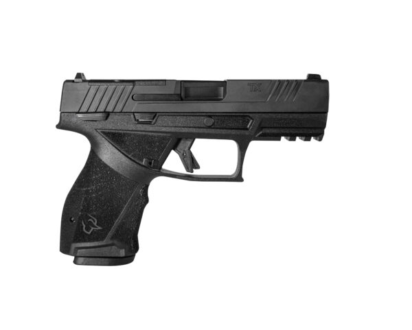 Pistola Taurus TX9 Compacta 9mm em polímero preto preparada para red dot vista lateral