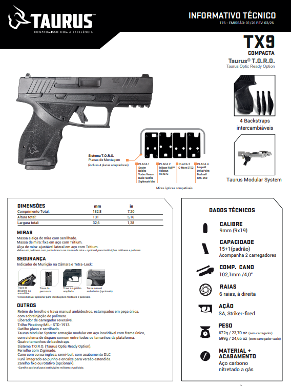 Pistola Taurus TX9 Compacta 9mm em polímero preto preparada para red dot ficha tecnica