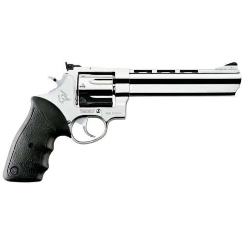 Revólver Taurus RT 608 .357 Magnum em aço inox alto brilho com cano ventilado de 6,5 polegadas e empunhadura de borracha vista lateral