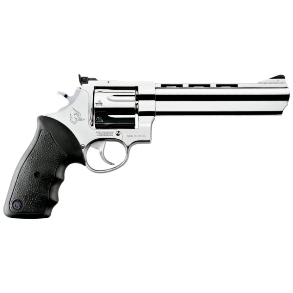 revolver-taurus-608-357-magnum Revólver Taurus RT 608 .357 Magnum em aço inox alto brilho com cano ventilado de 6,5 polegadas e empunhadura de borracha vista lateral