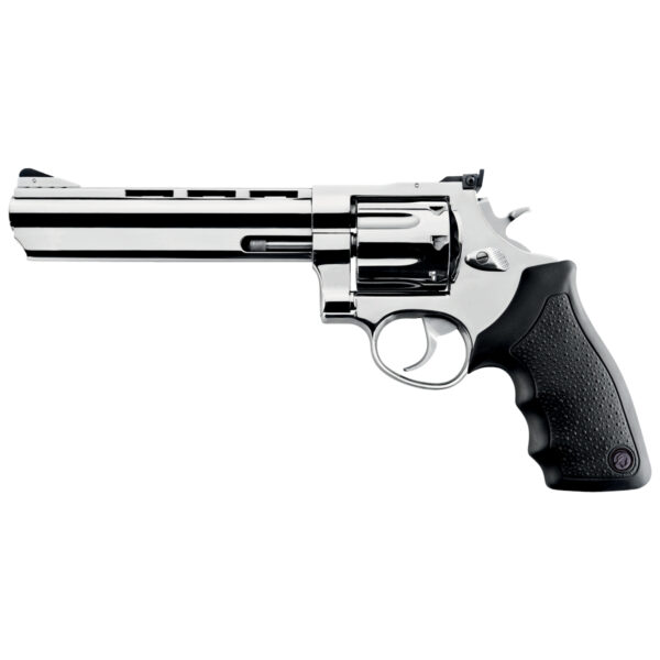 revolver-taurus-608-357-magnum-alto-brilho Revólver Taurus RT 608 .357 Magnum em aço inox alto brilho com cano ventilado de 6,5 polegadas e empunhadura de borracha vista lateral esquerda