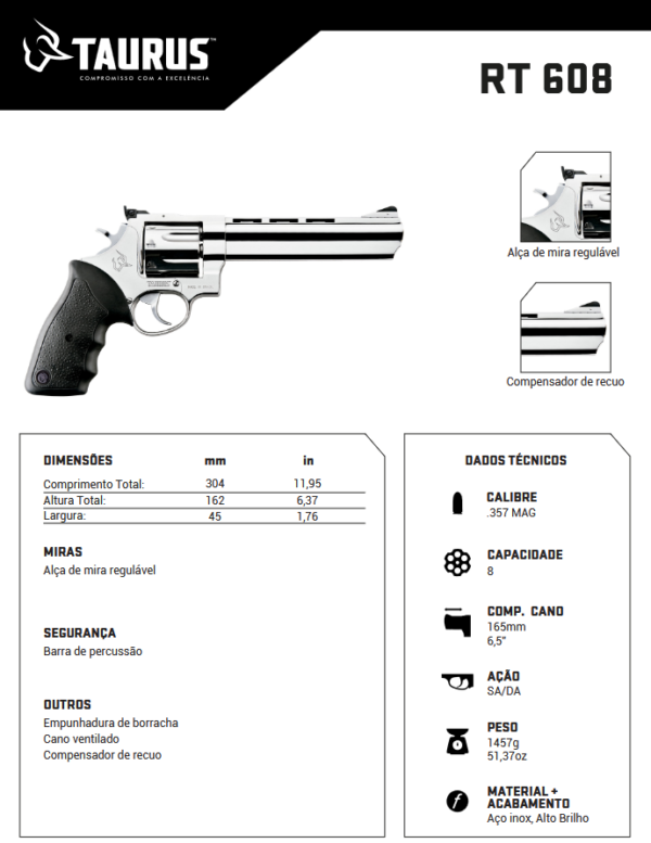 revolver-taurus-608-357-magnum-ficha-tecnica Revólver Taurus RT 608 .357 Magnum em aço inox alto brilho com cano ventilado de 6,5 polegadas e empunhadura de borracha ficha tecnica