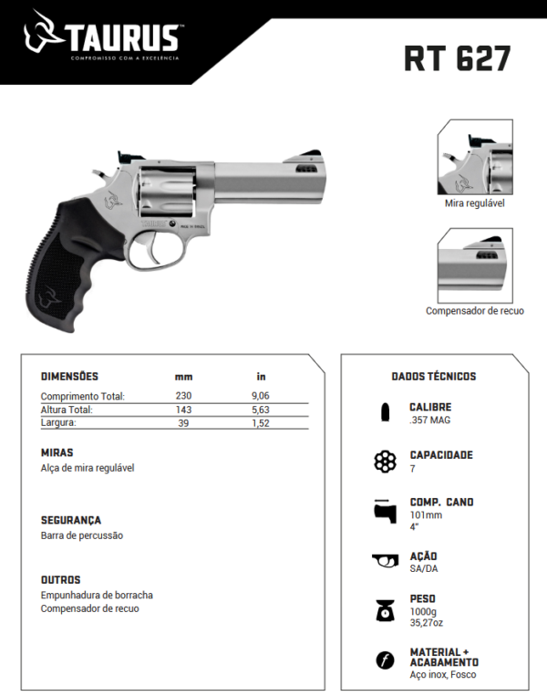 revolver-taurus-627-357-magnum-ficha-tecnica Revólver Taurus RT 817 .38 SPL compacto em aço inox alto brilho com cano de 2 polegadas e compensador de recuo vista lateral ficha tecnica