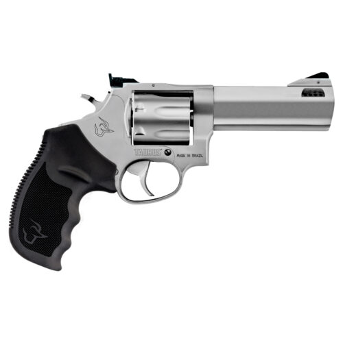 Revólver Taurus RT 627 .357 Magnum em aço inox fosco com compensador de recuo e empunhadura de borracha vista lateral