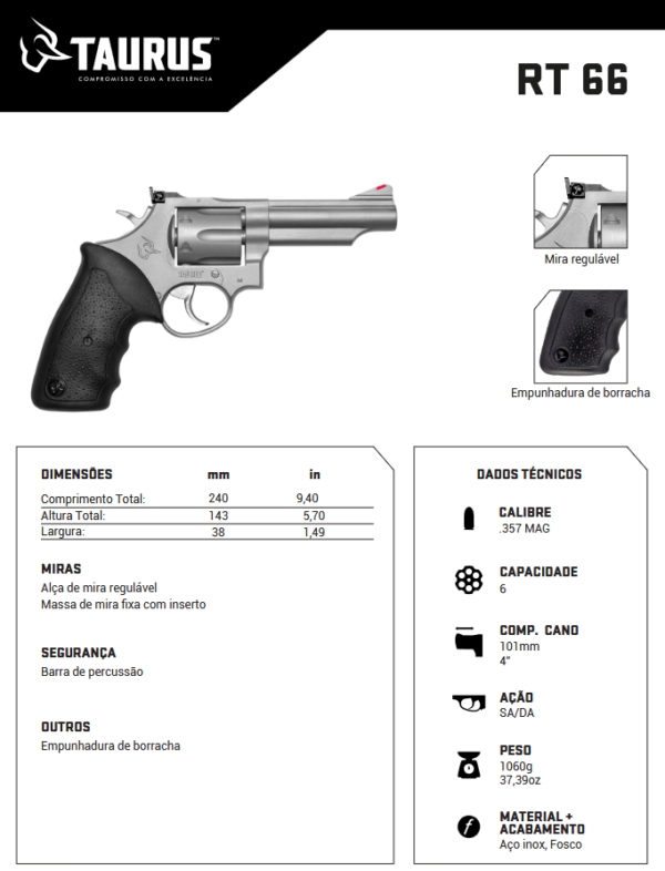 Revólver Taurus RT 66 .357 Magnum em aço inox fosco com empunhadura de borracha ficha tecnica
