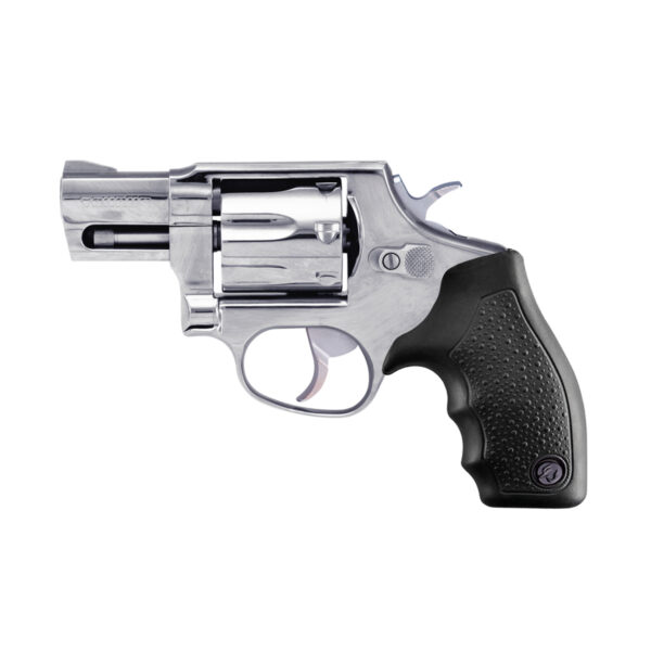revolver-taurus-817-bulldog-inox- Revólver Taurus RT 817 .38 SPL compacto em aço inox alto brilho com cano de 2 polegadas e compensador de recuo vista lateral esquerda