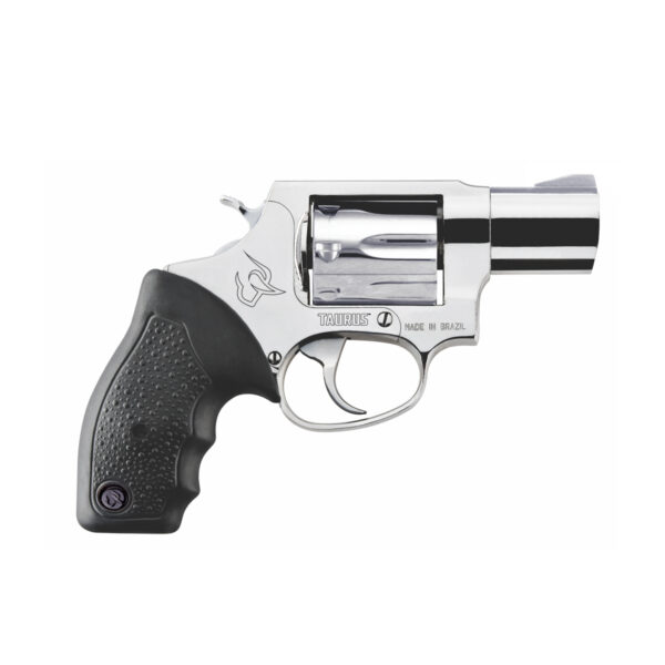 revolver-taurus-817-bulldog-inox Revólver Taurus RT 817 .38 SPL compacto em aço inox alto brilho com cano de 2 polegadas e compensador de recuo vista lateral