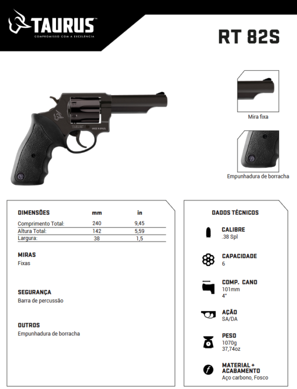 revolver-taurus-82s-ficha-tecnica Revólver Taurus RT 82S .38 SPL em aço carbono fosco com empunhadura de borracha ficha tecnica
