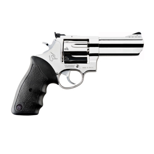revolver-taurus-838-4-polegadas-alto-brilho Revólver Taurus RT 838 .38 SPL em aço inox alto brilho com cano de 4 polegadas e compensador de recuo vista lateral