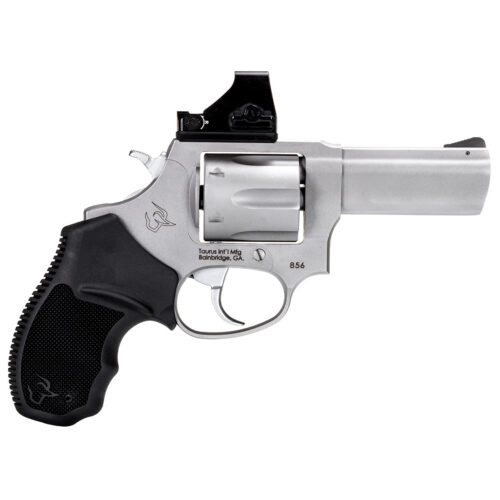 revolver-taurus-856-toro-inox-fosco Revólver Taurus RT 856 TORO .38 SPL em aço inox fosco preparado para red dot com empunhadura de borracha vista lateral