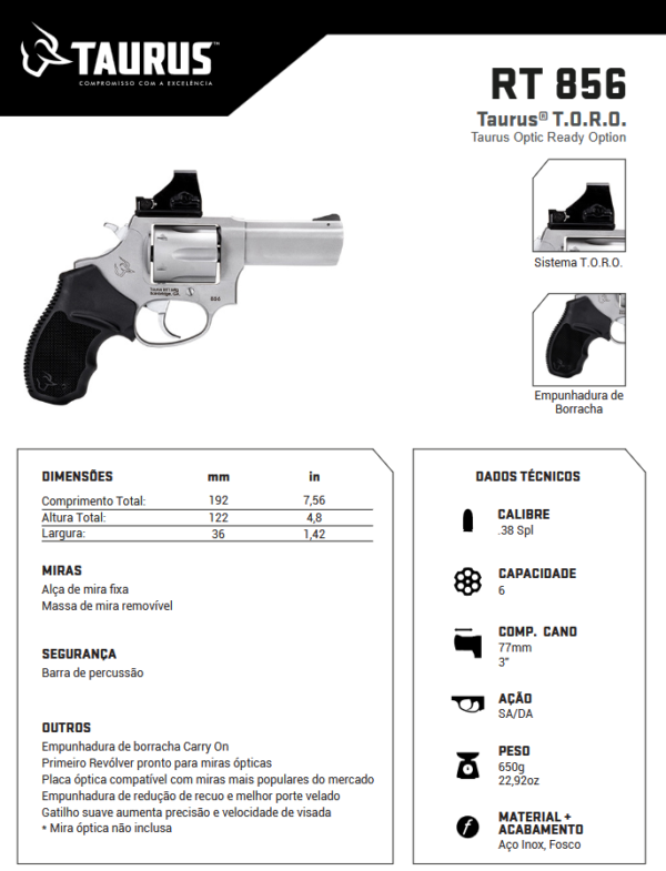 Revólver Taurus RT 856 TORO .38 SPL em aço inox fosco preparado para red dot com empunhadura de borracha vista lateral ficha tecnica