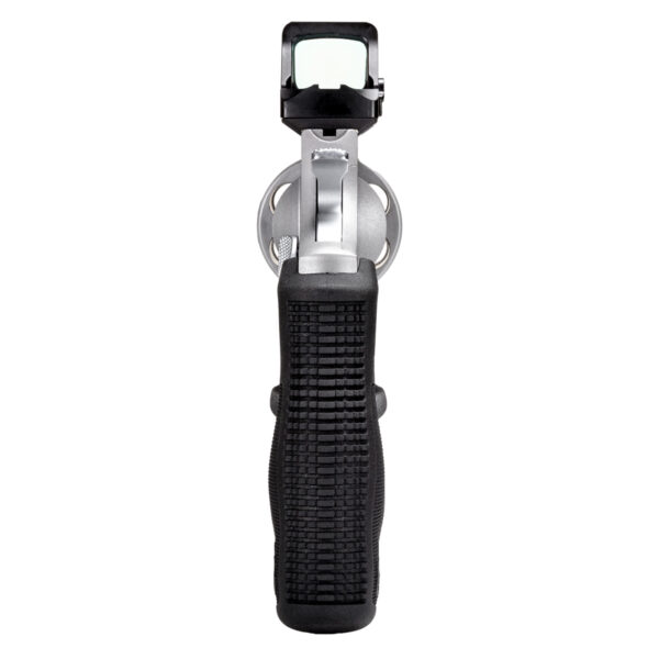 Revólver Taurus RT 856 TORO .38 SPL em aço inox fosco preparado para red dot com empunhadura de borracha vista parte de trás
