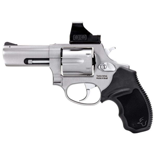 Revólver Taurus RT 856 TORO .38 SPL em aço inox fosco preparado para red dot com empunhadura de borracha vista lateral esquerdo