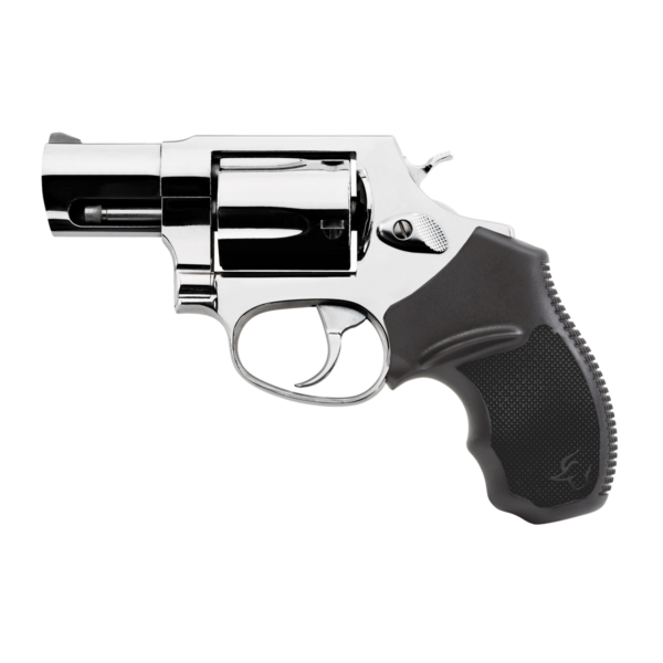 revolver-taurus-85s-inox Revólver Taurus RT 85S .38 SPL compacto em aço inox alto brilho com empunhadura de borracha vista lateral esquerda