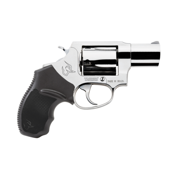 revolver-taurus-85s-inox-lateral Revólver Taurus RT 85S .38 SPL compacto em aço inox alto brilho com empunhadura de borracha vista lateral
