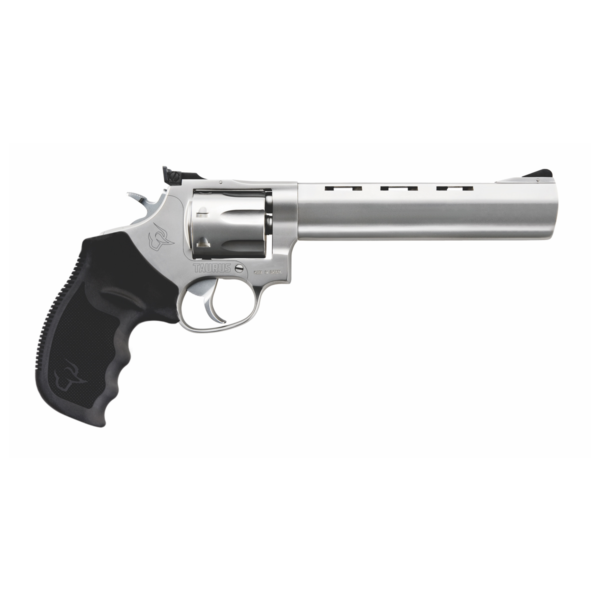 Revólver Taurus RT 970 .22 LR em aço inox fosco com cano ventilado longo de 6,5 polegadas e alça de mira regulável