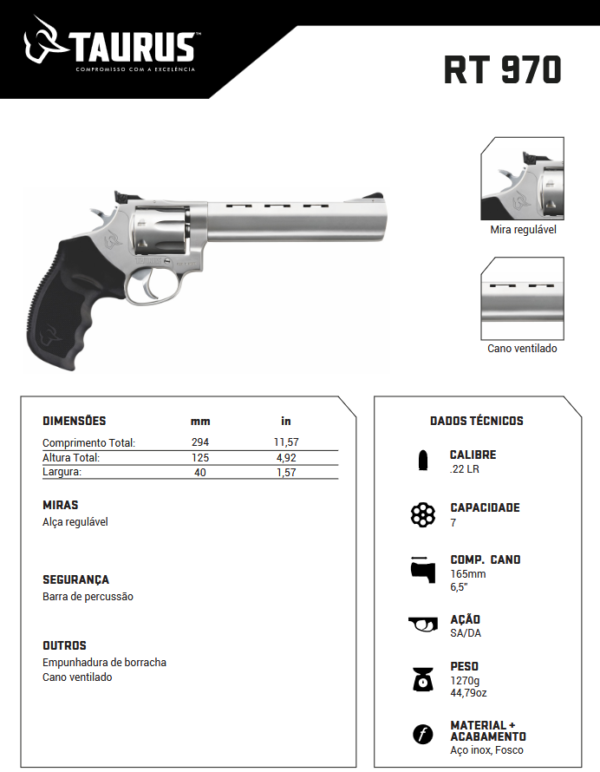 Revólver Taurus RT 970 .22 LR em aço inox fosco com cano ventilado longo de 6,5 polegadas e alça de mira regulável ficha tecnica